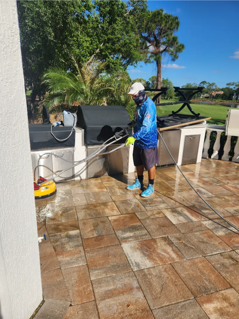 Deep tile joint cleaning during paver patio pressure washing