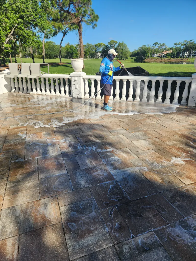 Using a professional surface cleaner for pressure washing stone tiles
