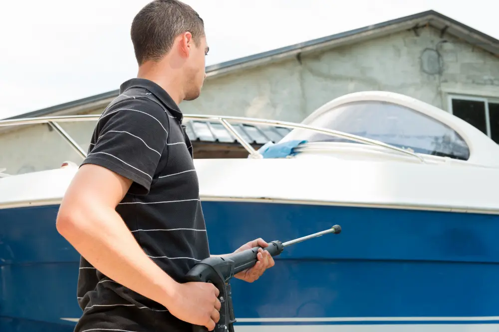 Clean boat exterior after professional soft washing