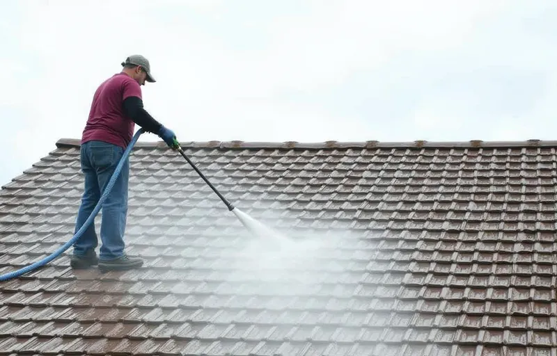 Soft washing technique being applied to residential roof in Orlando